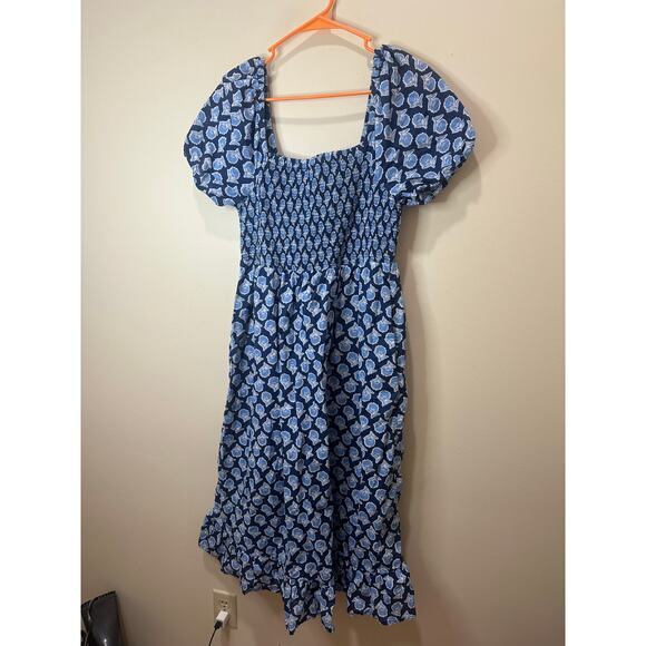 J.Crew Smocked Midi Dress Sz M Cotton Blue Floral Puff Sleeves Nice! - Picture 4 of 7